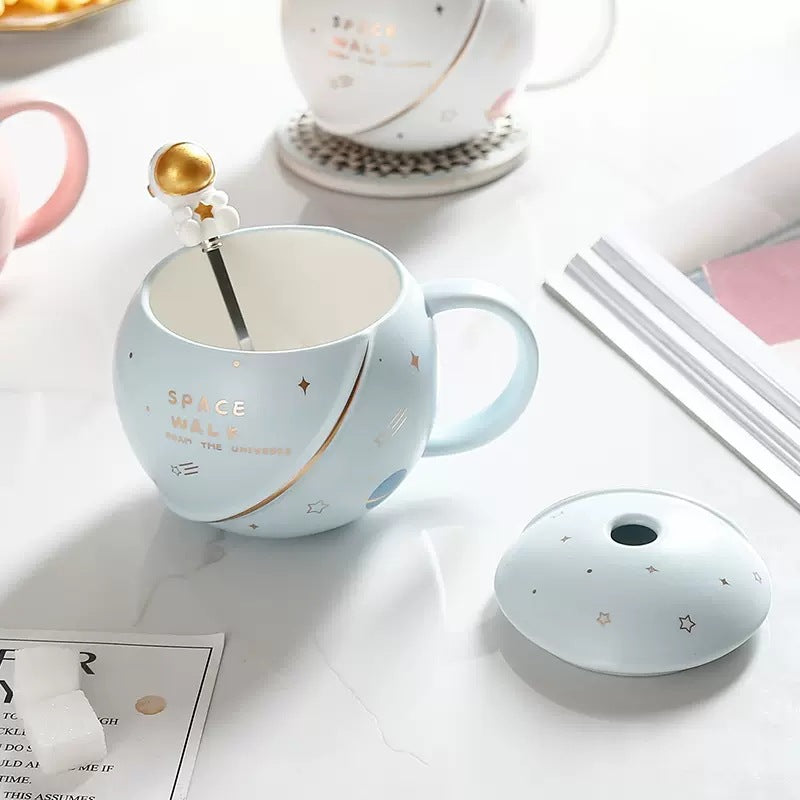 Planet Mug Ceramic Coffee Cup With Lid Spoon