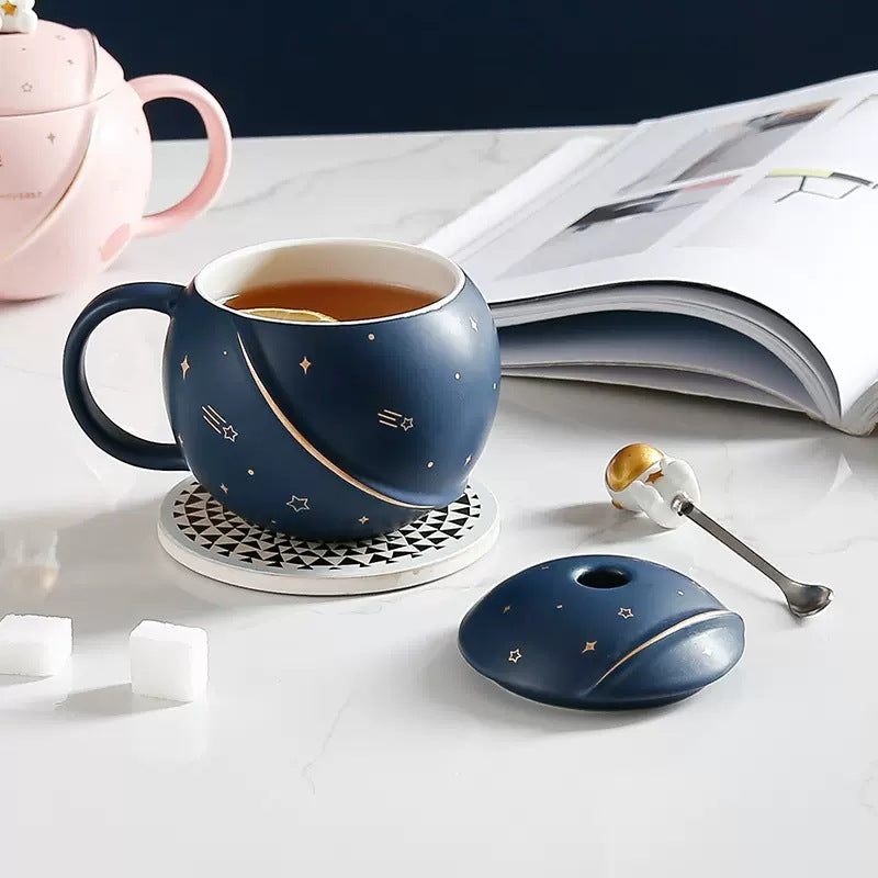 Planet Mug Ceramic Coffee Cup With Lid Spoon
